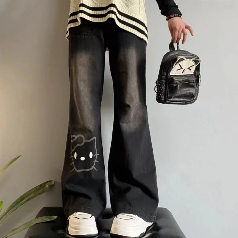 Sanrio Hello Kitty 2025 nouveaux enfants jean Kawaii filles automne taille haute noir jambe large pantalon droit vacances cadeaux d'anniversaire