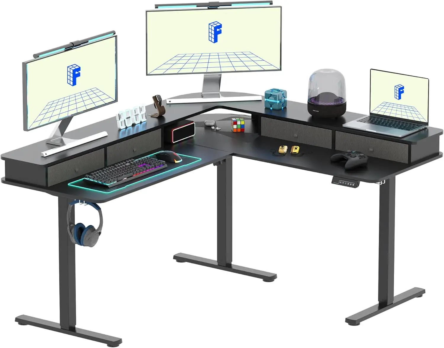 

FLEXISPOT 63'' L Shaped Standing Desk Electric Corner Table with Monitor Shelf, 4 Storage Drawers, Adjustable Computer