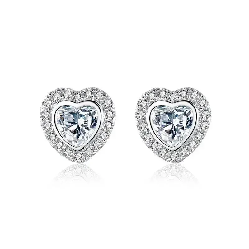 VWE1 Heart Shape Pave Rhinestone CZ Stone Ice Out Stud Earring Bling Copper Earrings