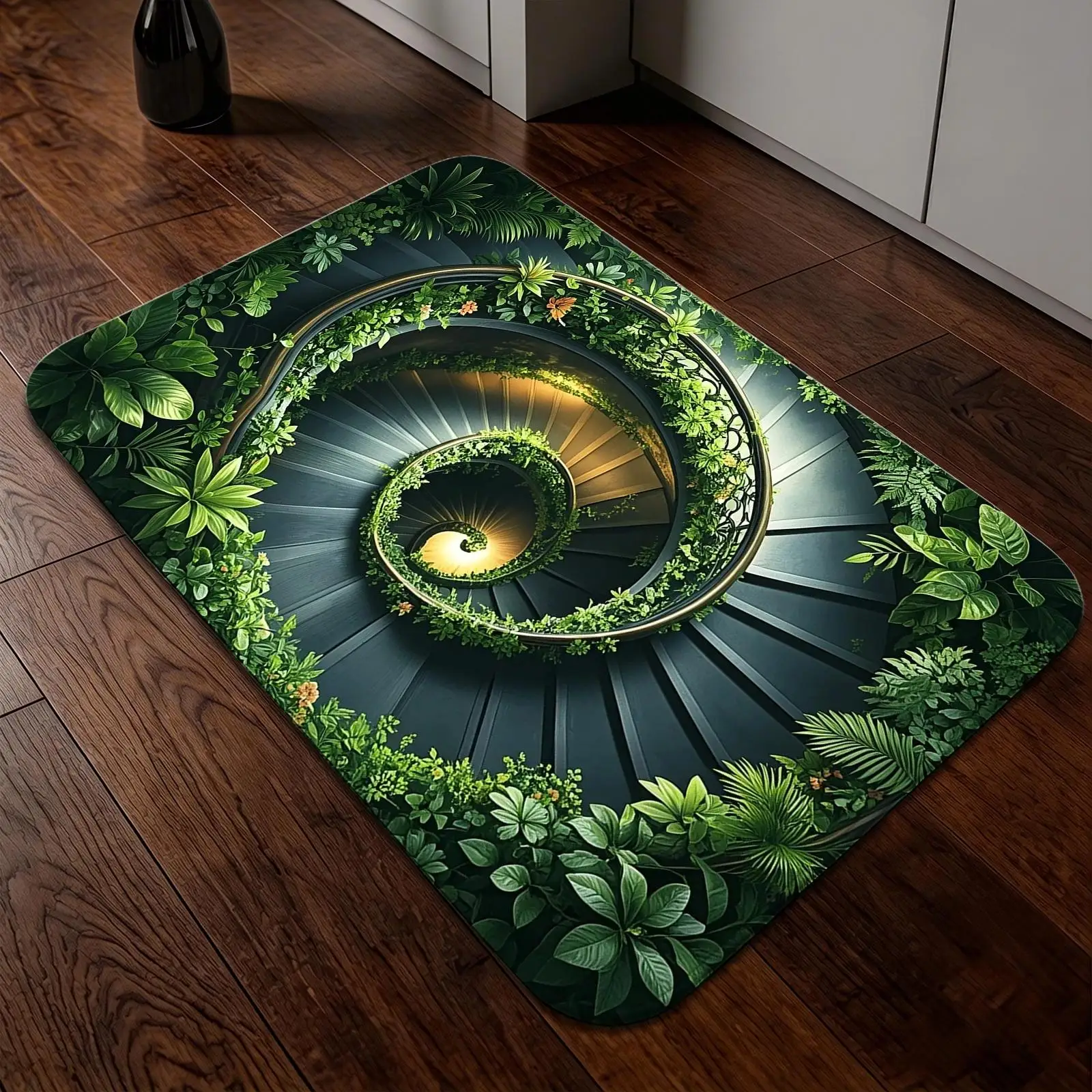 3D Green Spiral Staircase Area Rug Non Slip Washable Floor Mat For Entryway Living Room Home Decor