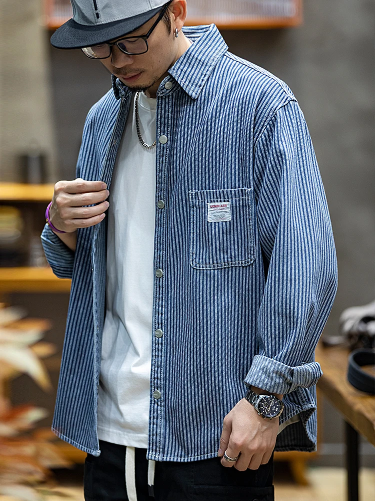 Loose Fit American Stripe Denim Shirt Men's Casual Long Sleeve Blue Outerwear Autumn Fashion Brand Large Size Youth 