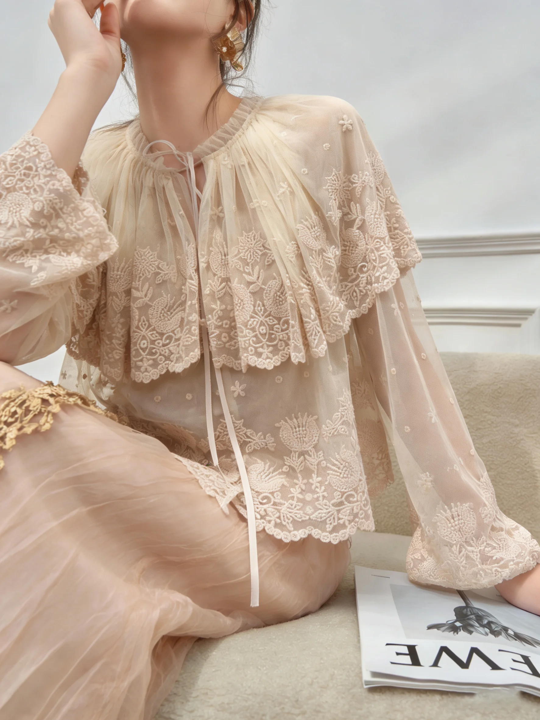 

Khaki Lace Long Sleeve Shirt And Halter Skirt Set Women's Fashion Spring Outfit High Waist Loose Fit Casual Ensemble