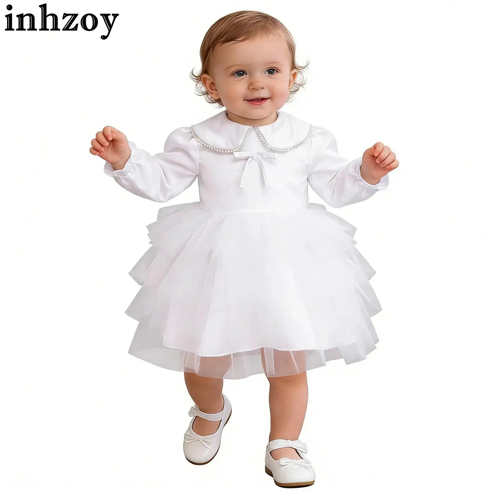 

Платье принцессы на крестины для маленьких девочек, многослойное тюлевое платье-пачка с длинными рукавами и бантом на молнии для свадьбы, дня рождения, вечеринки, бальное платье