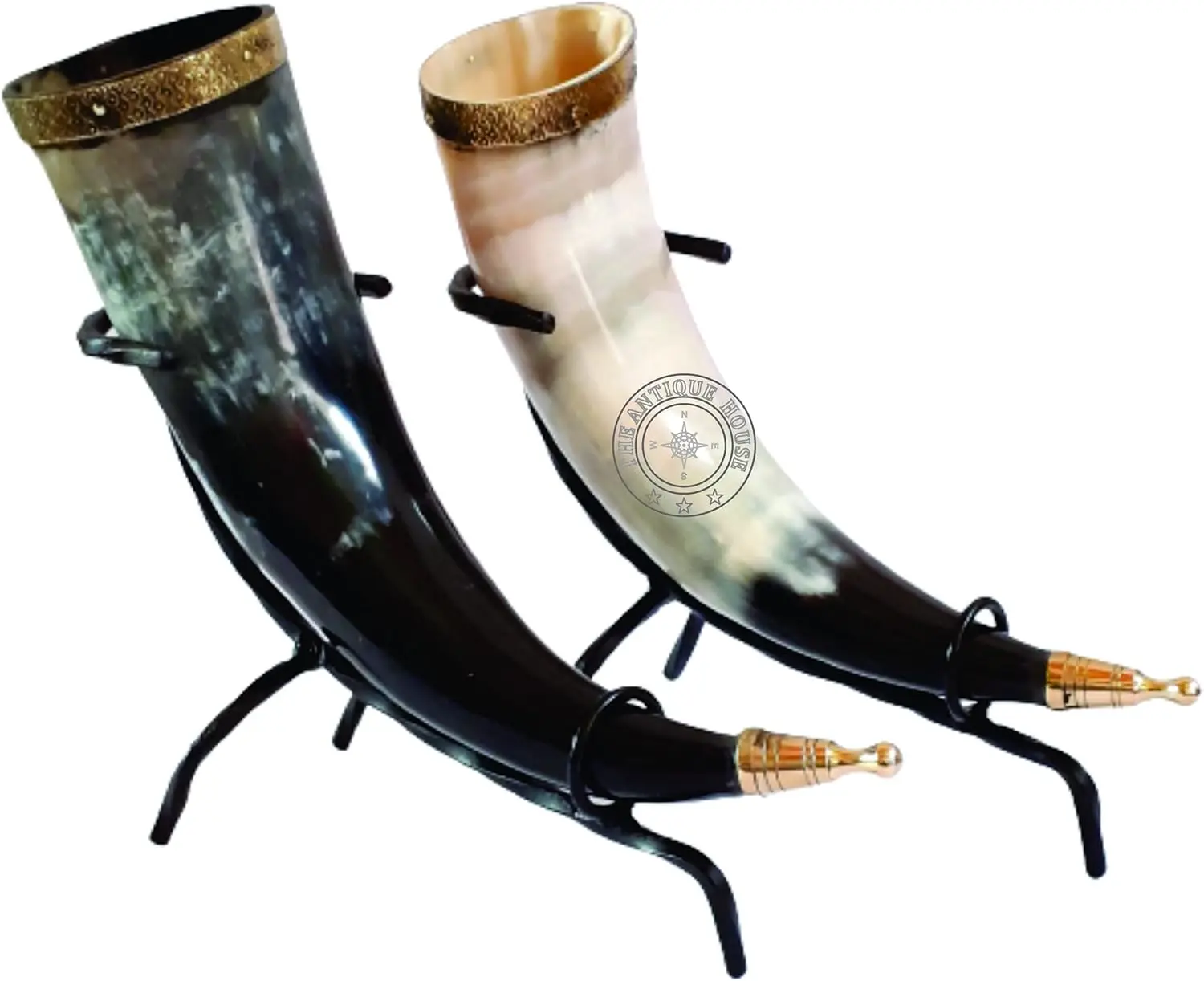 

Набор из двух средневековых кружек викингов с рогами быка, латунным ободком и железной подставкой