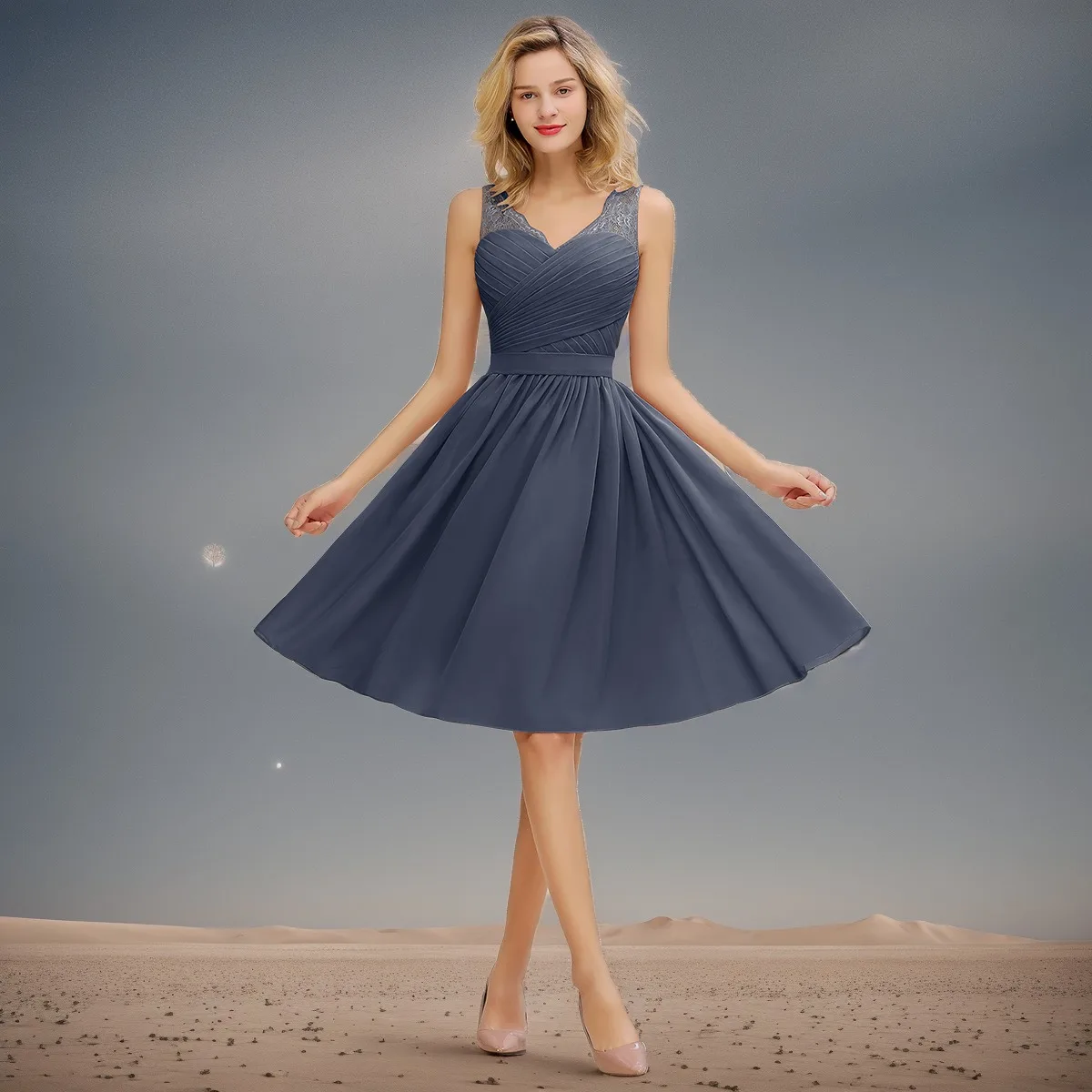 

Women's Simple Short Dresses Solid Color Floral Lace Shoulder Strap V-Neck Sleeveless Dress Cross Pleats Waist Knee-Length Dress