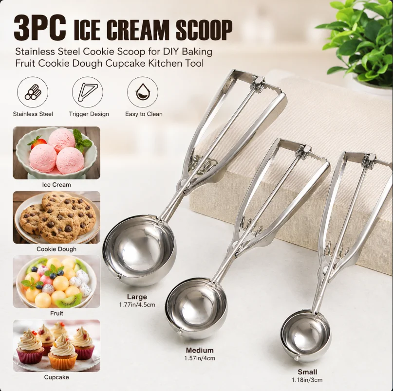 Ice Cream Stainless Steel Cookie Scoop with Trigger Stainless Steel Cookie Scoop for Baking Fruit Cookie Dough Cupcake