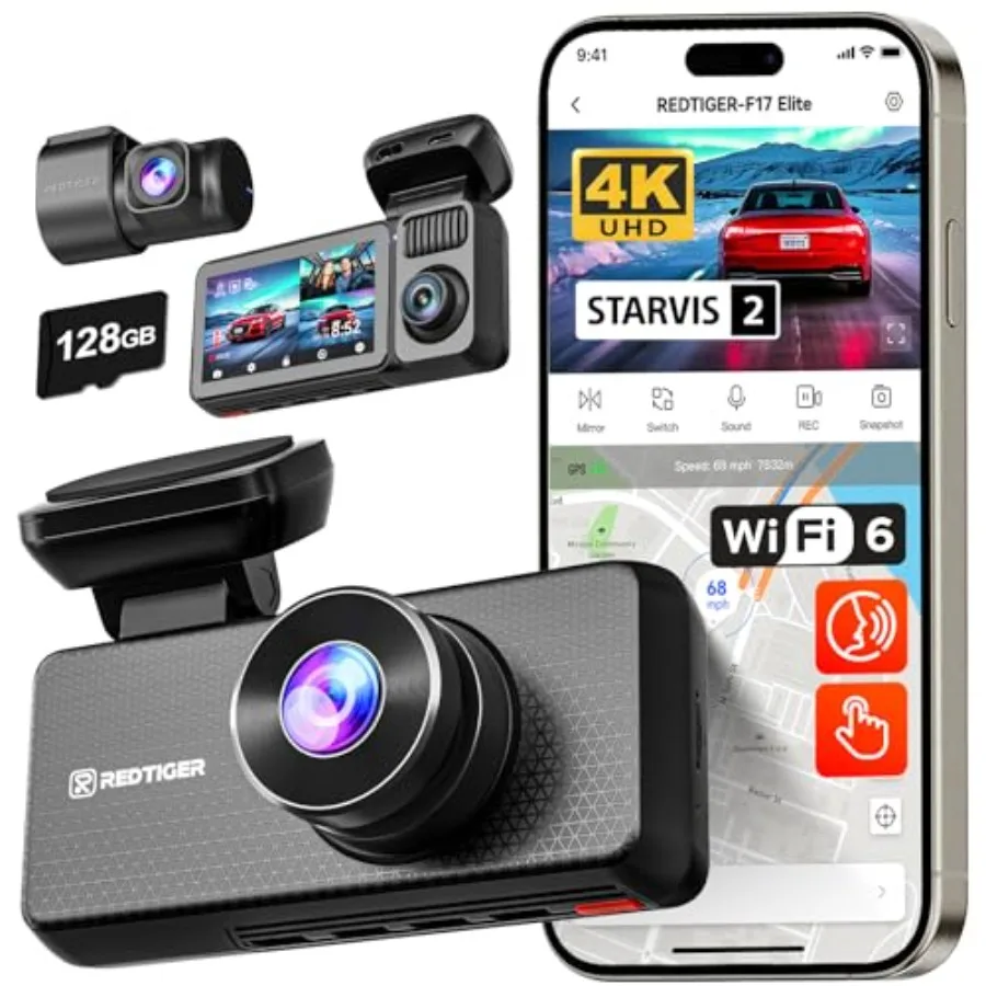 F17 Elite 4K Dash Cam 3 Channel, STARVIS 2 IMX678 and IMX675, 128GB Card, Full Night Color, 4K+2.5K+1080P Front and Rear Inside