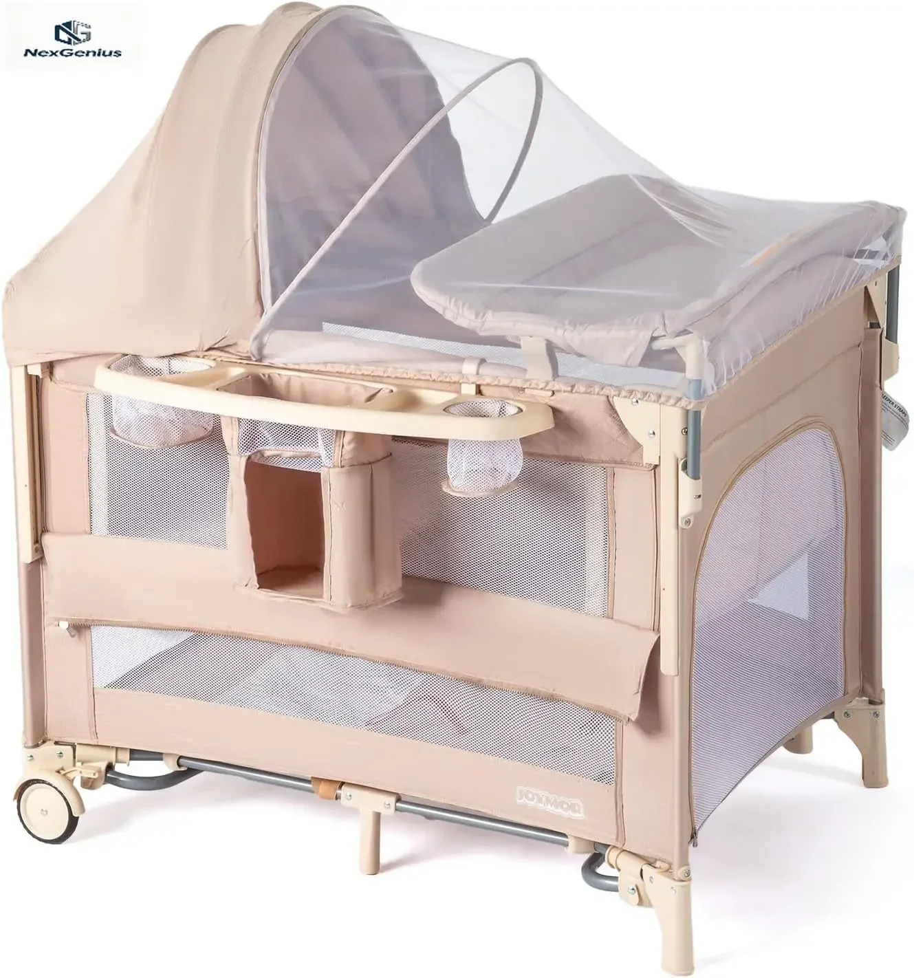 9 In 1 Bedside Bassinet Changing Table Pack And Play Convert To Rocking Baby Bed Electric Music Center Mosquito Net Storage Beig