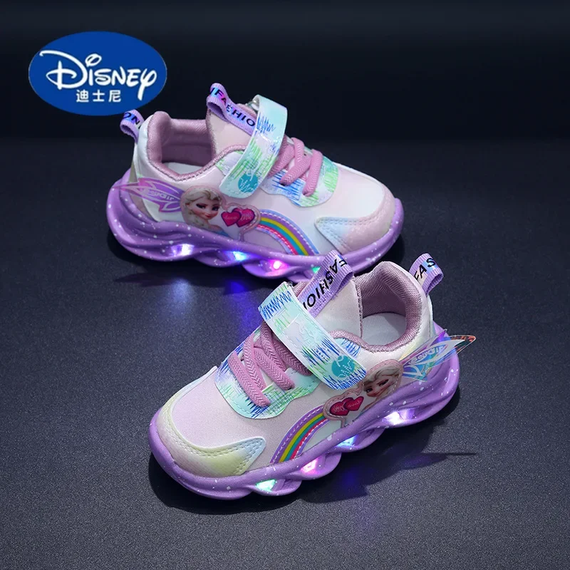 ディズニー エルサ プリンセス シューズ 2025 春 - 幼児用ピンクレザースニーカー、通気性と快適性を備えた韓国スタイル
