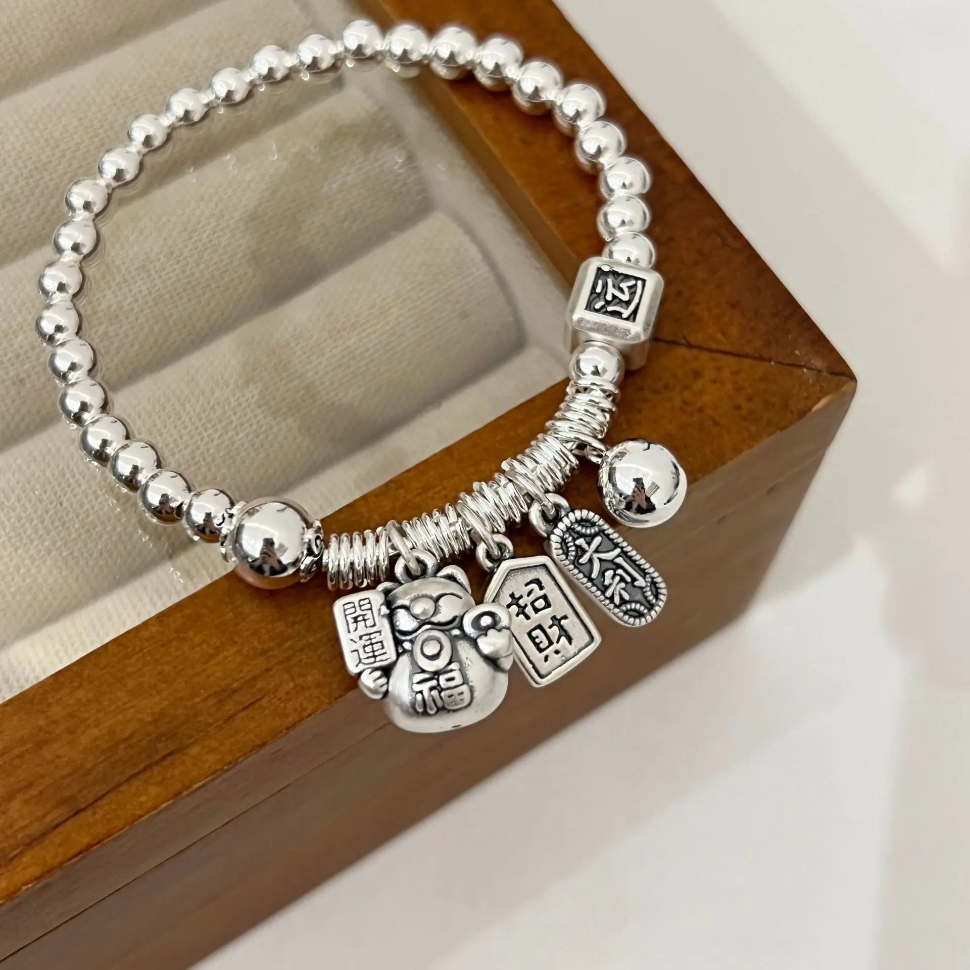 VENTFILLE  925 Sterling Silver Lucky Cat Tassels Bracelet for Women Bead Design Retro Adjustable Jewelry Birthday Gift Dropship
