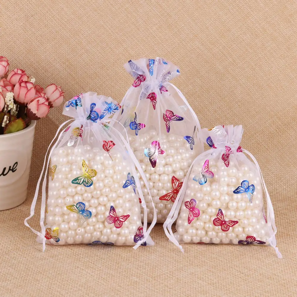 25pcs/50pcs 9x12 10x15 13x18cm New Butterfly Organza Gift Bag Drawstring Pouch Wedding Party Candy Jewelry Sachet Storage Bags