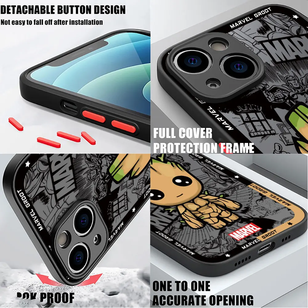 Cartoon Marvel Spiderman Groot Case for iPhone 13 Mini 12 SE 7 8 Plus XR 14 Pro 11 Pro 15ProMax XS Max Clear Matte Cover Soft