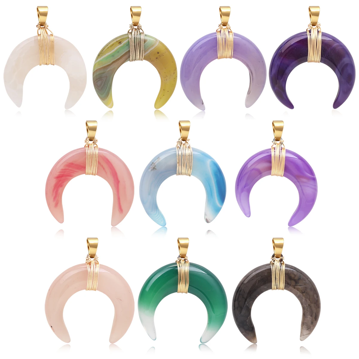 3pcs Natural Moon Horn Shaped Semi-precious Stones 39x46mm Pendants Charms for Jewelry Making DIY Necklace Earrings Accessories