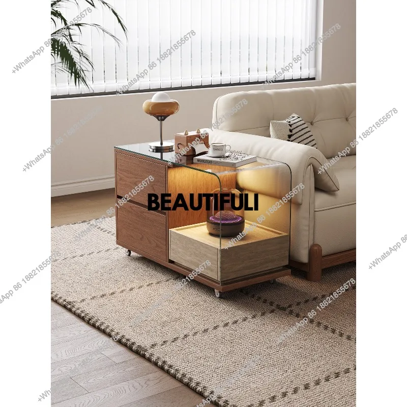 Mid-style solid wood glass side tables, small apartment sofa corners, wheels, movable classroom living room storage