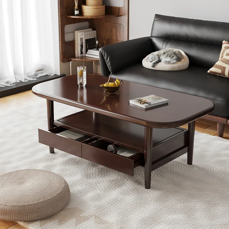 Solid wood household small apartment tea table Minimalist double-layer solid wood coffee table with pumping coffee table Wabi Sa