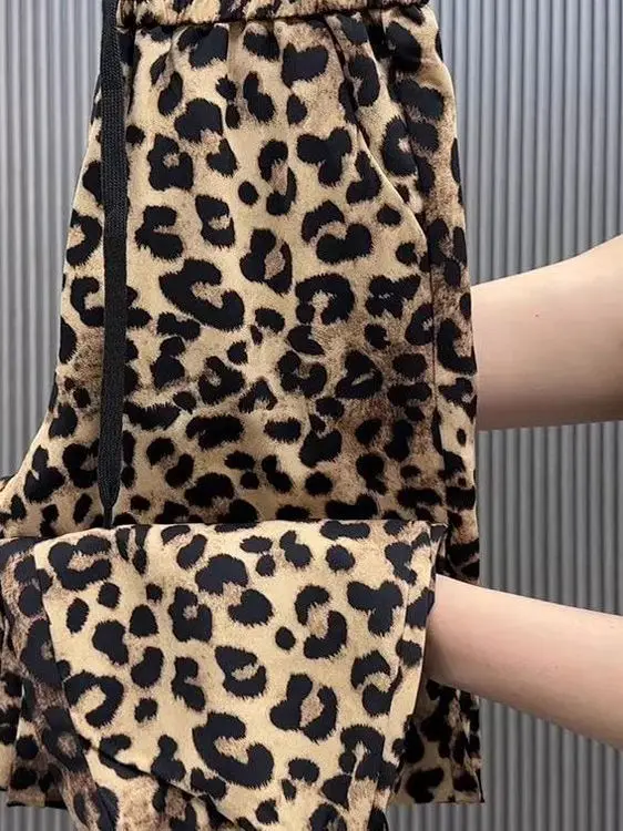 Quick Dry Ice Silk Leopard Print Sports Pants Women's Summer Thin Large Size Casual Loose Trousers High Waist Nine Points
