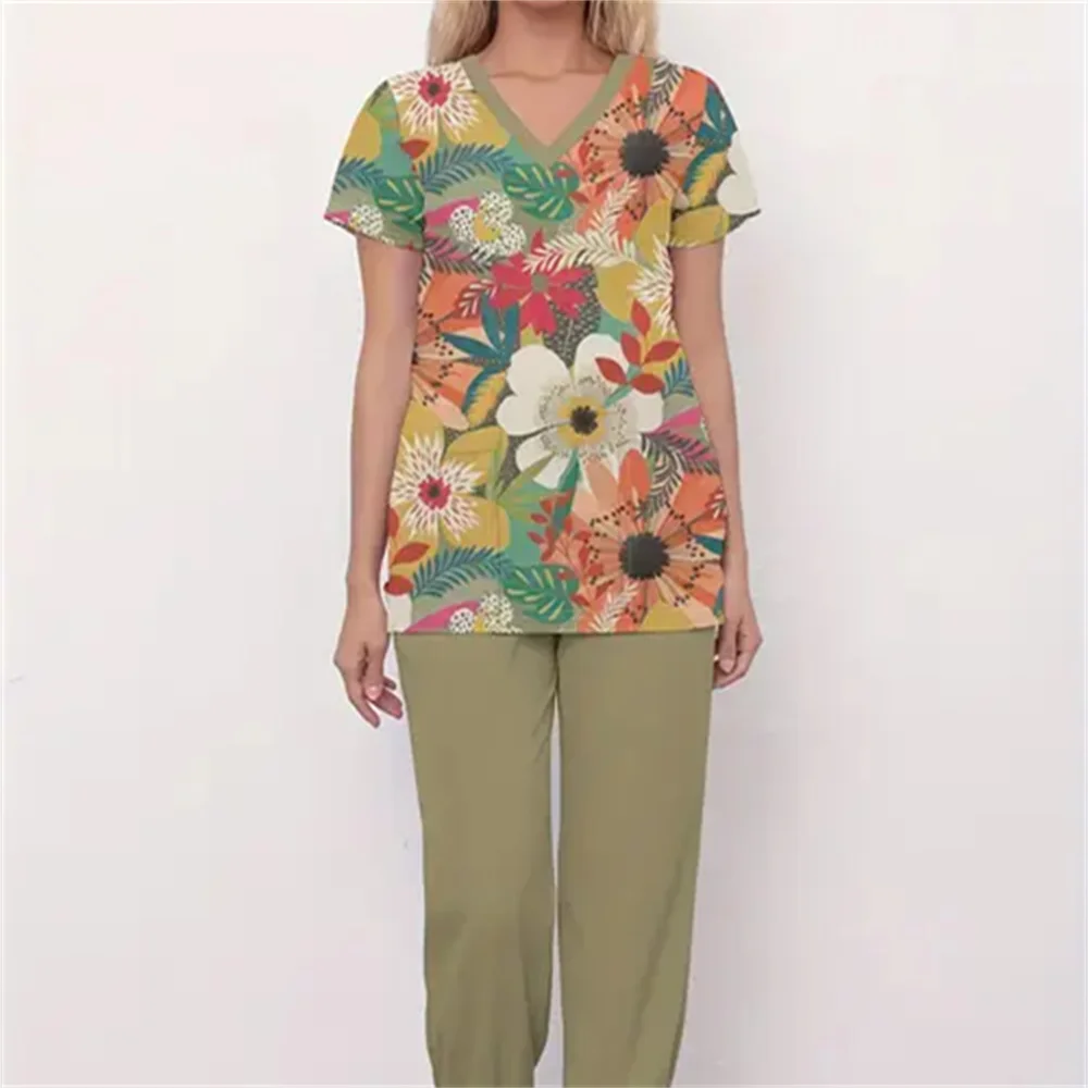 Conjunto esfoliante feminino com estampa de margaridas – uniforme de enfermeira floral 3D elegante, tecido de poliéster confortável, decote em V, manga regular, curto