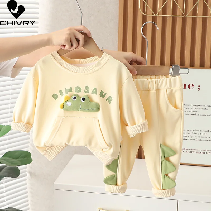 New 2023 Baby Boys Spring Autumn Fashion Cartoon Dinosaur Letter Round Neck Sweatshirt Tops with Pants Kids Casual Clothing Sets