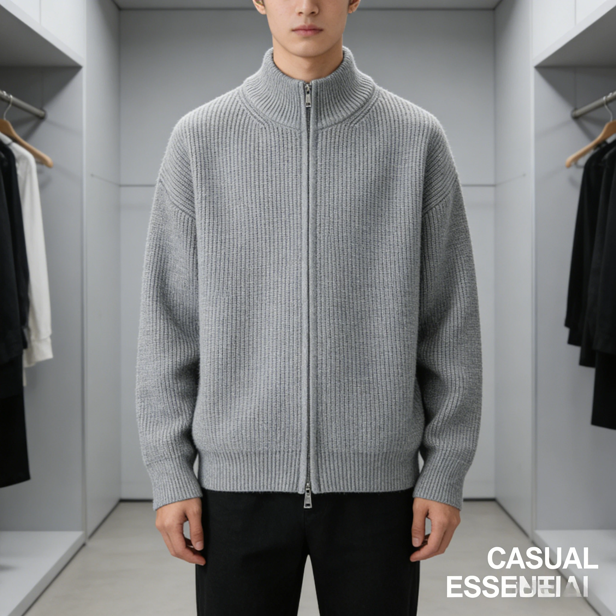 

Solid Color Zip Up Cardigan Mens Knitted Sweater Autumn Winter Loose Stand Collar Trendy Brand Casual Outerwear