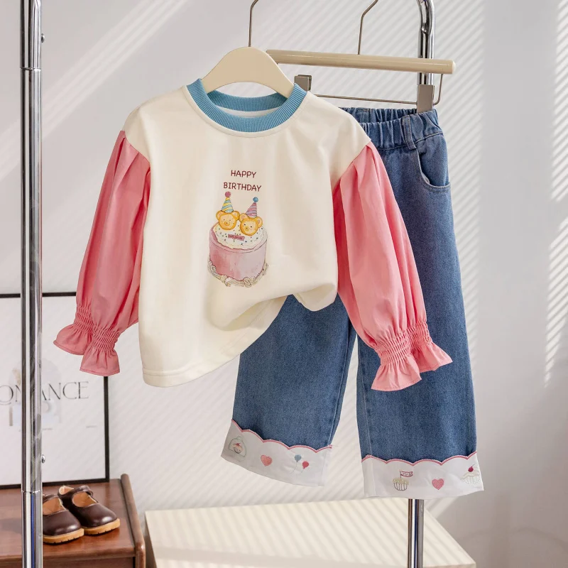 Kxkm-Children's Spring Clothes Suit2024New Long SleeveTT-shirt+Straight Jeans Western Style All-Matching Two-Piece Set New