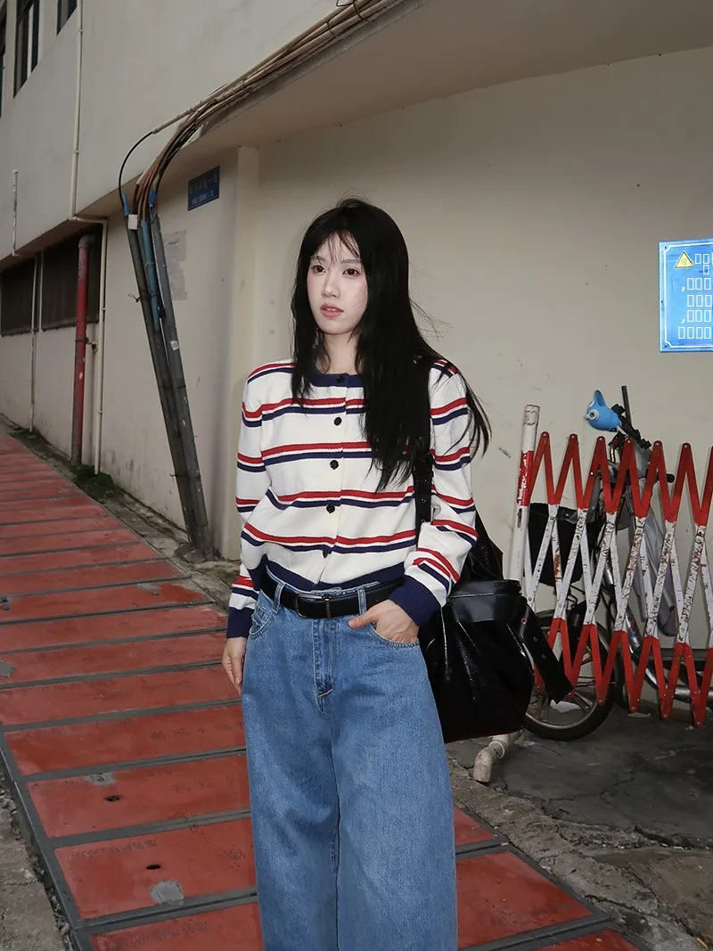 

Retro Korean Sle Striped Loose Fit round Ne Open Cardigan Sweater Women's Casual Faion Slimming Top by Trype22