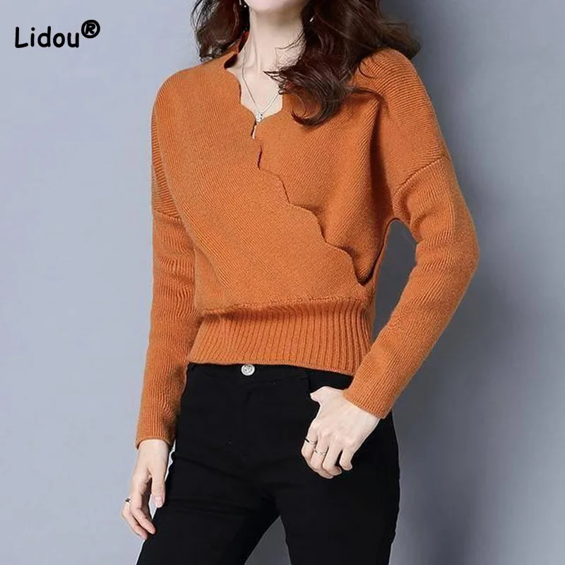 Elegant Fashion Cross Spliced V-Neck Sweaters for Female Autumn Winter New Commute Simplicity Solid Color Short Knitted Tops