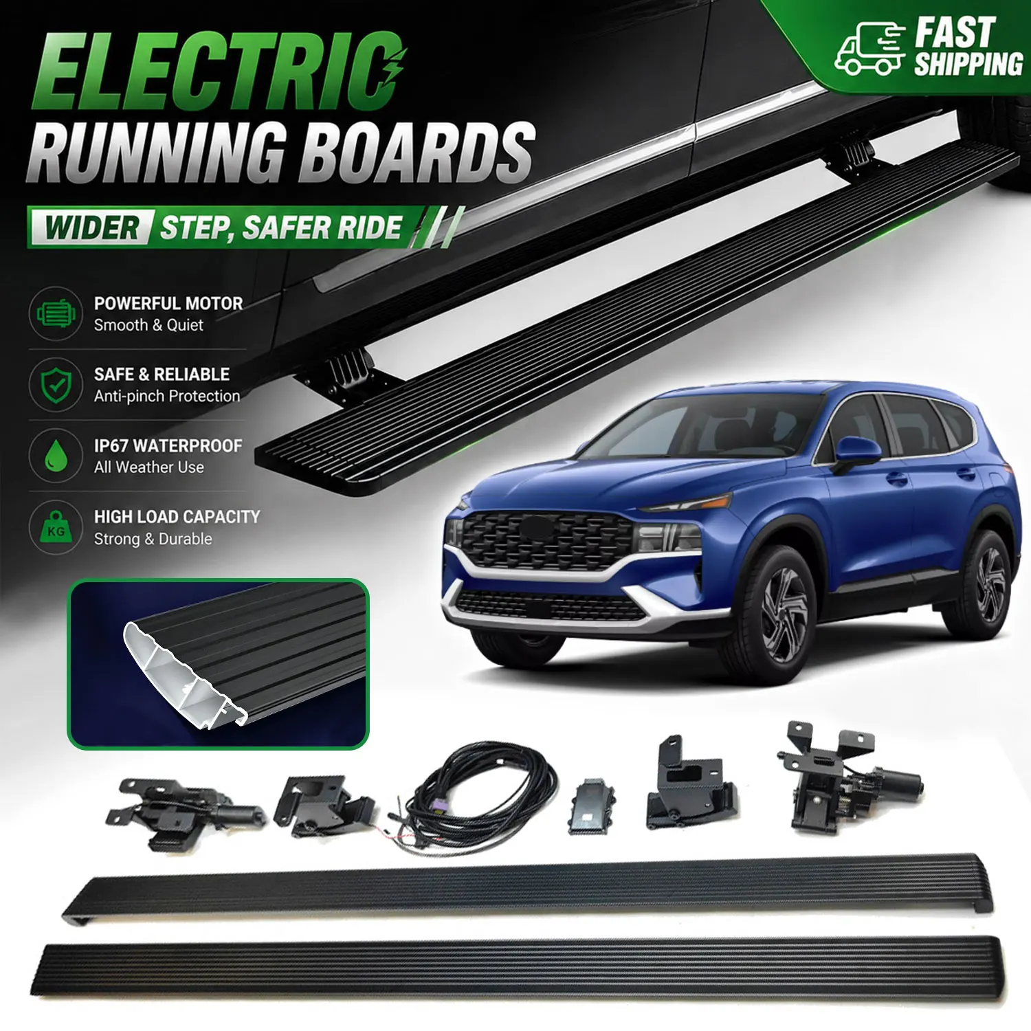Fits Hyundai Santa Fe 2019-2023 Power Running Boards Extra Wide Pedal Electric Retractable Side Steps Aluminum Nerf Bars