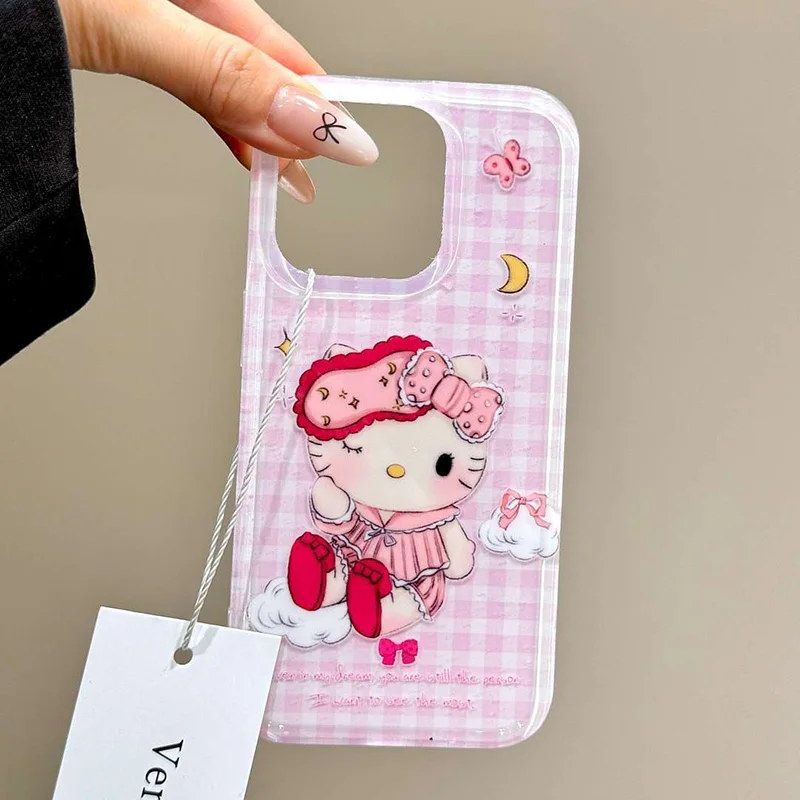 Anime Hello Kitty IPhone16Pro Case Cute Cartoon Pink Sweet Check Pajamas 14pro 13 12 11 Anti Drop IPhone Cases Cute Accessories