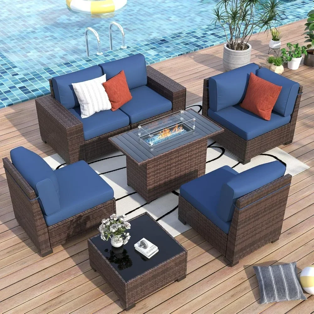 

Patio Furniture with Fire Pit Table,8‘’ Wide armrest Outdoor Sectional Rattan Sofa Set, Wicker Patio Furniture Sets Coffee Table