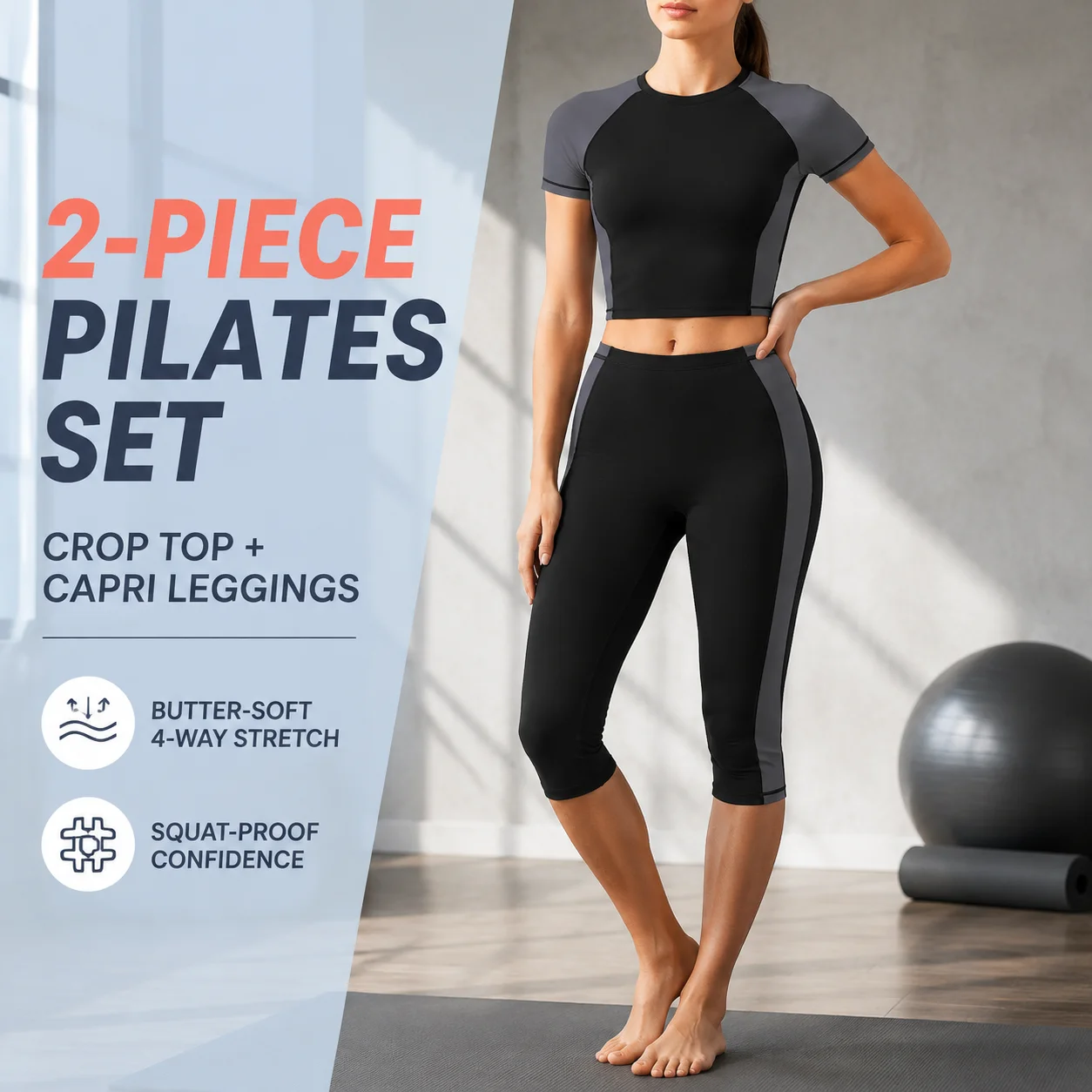 Butt Lift Pilates Set Women Color Block Crop Top + High Waist Capri Leggings 2 Piece Workout Yoga Sportswear EU UK AU