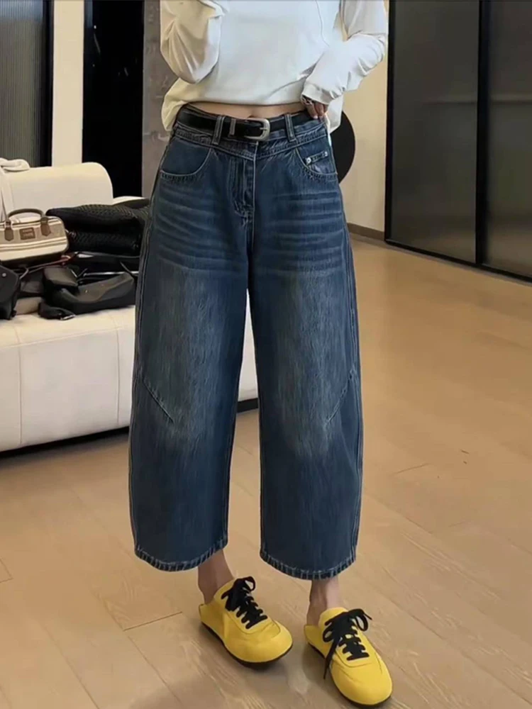 Retro High Waist Wide Leg Jeans Women's Pear Shape plus Size Loose Small Height Nine Points Knife  Denim Pants