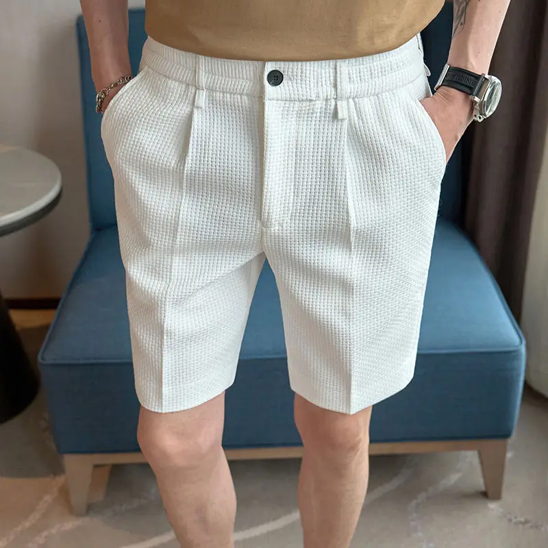 Mens Summer New Waffle Texture Casual Shorts Pure Color Slim Fit Thin Lightweight Straight Fit Mid Length 5 Inch Shorts