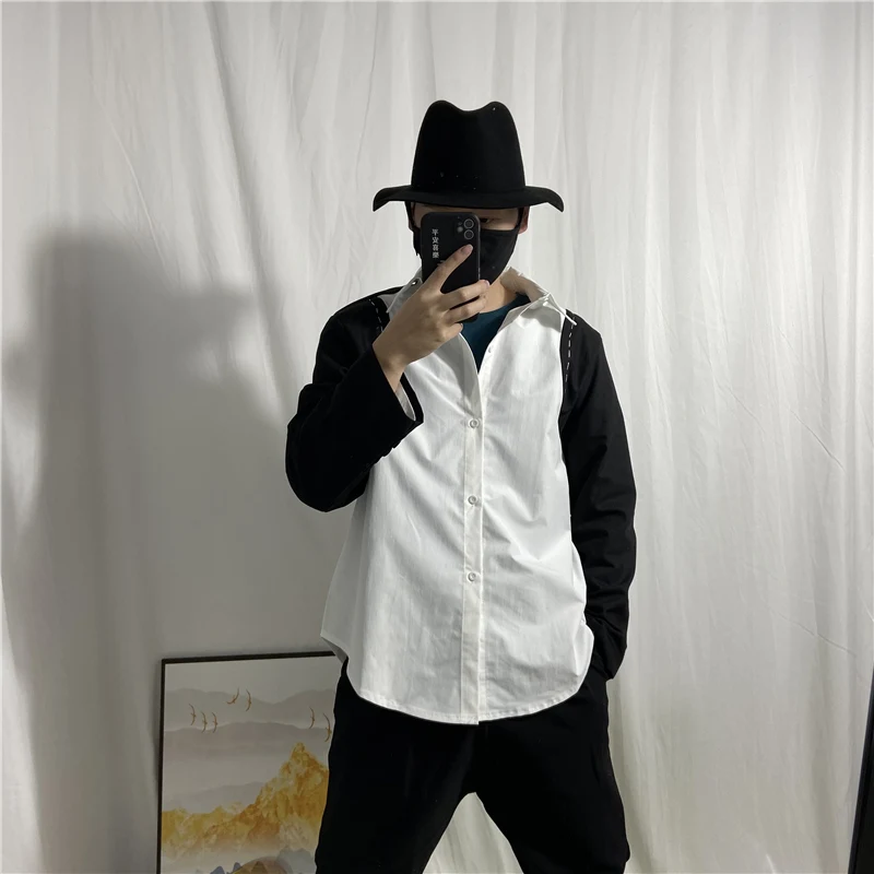 

Men's Black And White Stitched Long Sleeve Shirt Spring And Summer New Japanese Large Simple Stitched Casual Long Sleeve Shirt