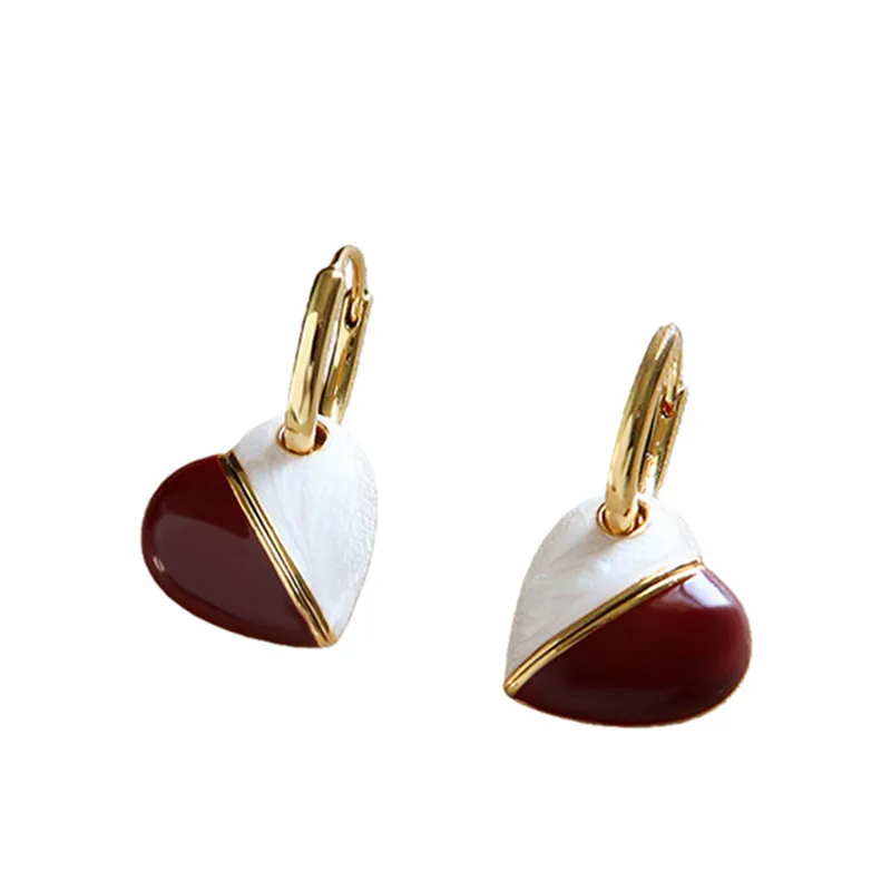 Women Circle Hoop Earrings with Red and White Enamel Heart Pendant Sweet Color Female Statement Drop Earring Jewelry