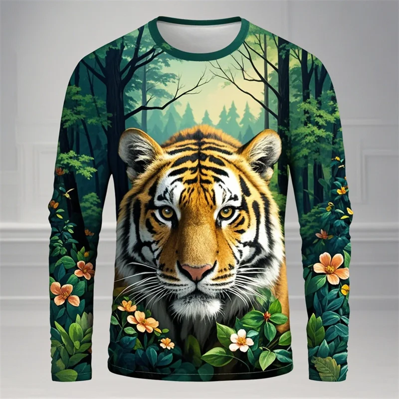 Forest Tiger Graphic T Shirts Harajuku Animal 3D Print Long Sleeve T Shirt For Men Clothes Comfy Unisex Streetwear Boy Tee Tops