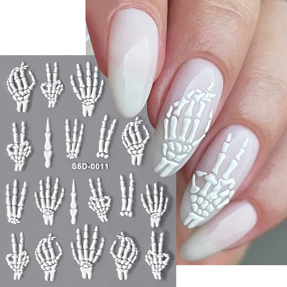 Autocollants 5D pour Nail Art, 1 pièce, décalcomanies adhésives à design de dessin animé d'Halloween, main de squelette/sang/araignée/Aliments, curseur de manucure #