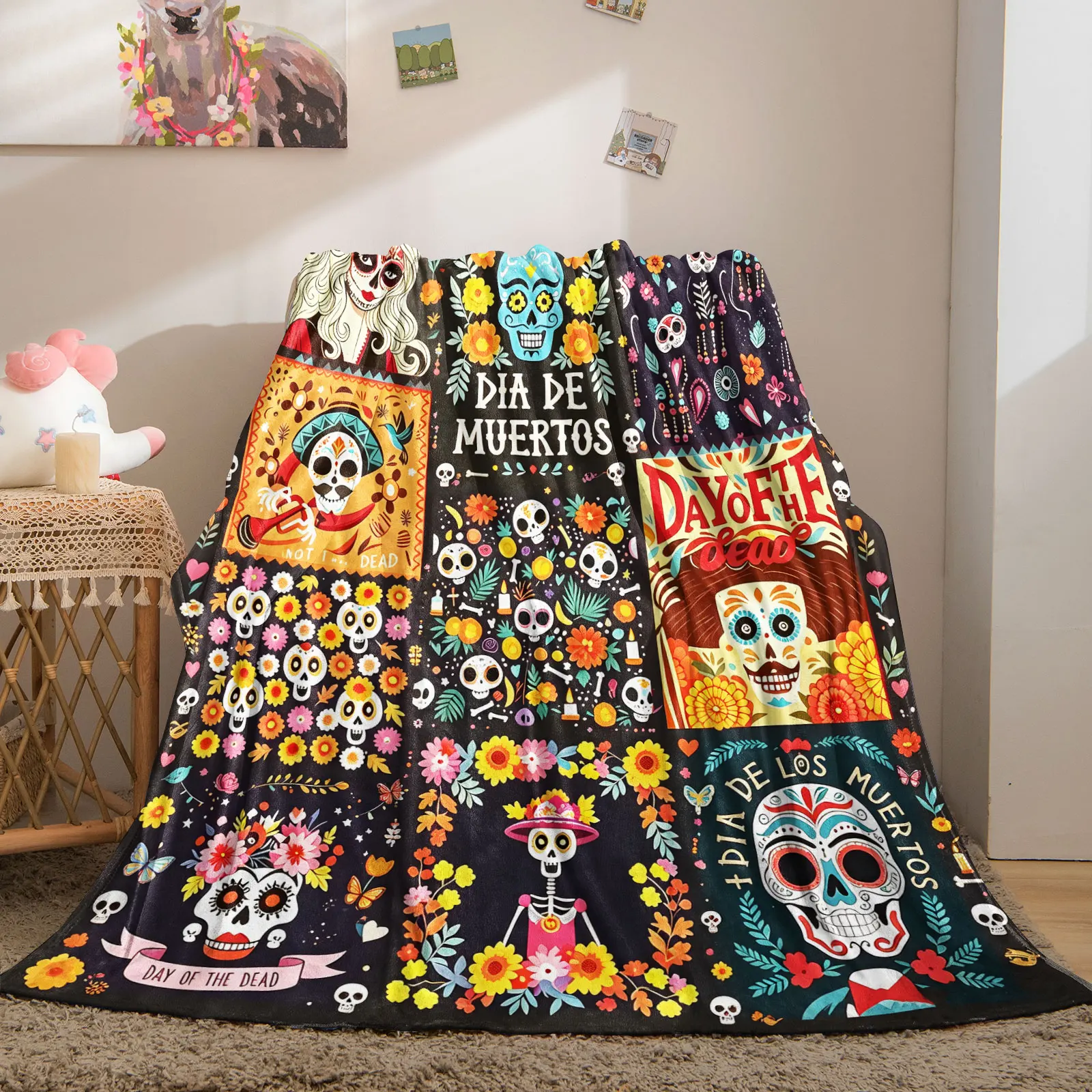 Day of The Dead Flannel Blanket Dia De Muertos Sugar Skull Floral Throw Blanket Soft Lightweight Microfiber Blanket for Sofa Bed