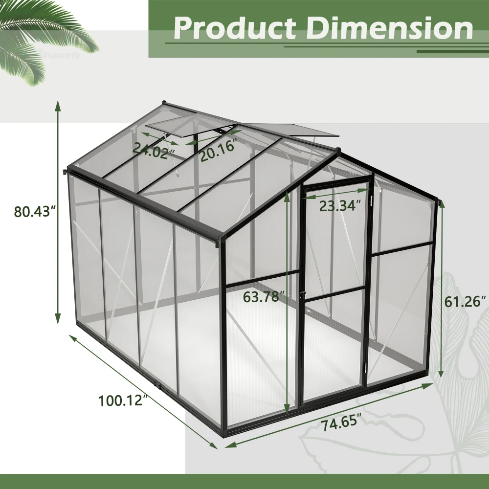 6x8 FT Greenhouse for Outdoors, Polycarbonate Greenhouse with Quick Setup Structure and Roof Vent, Aluminum Large Walk-in