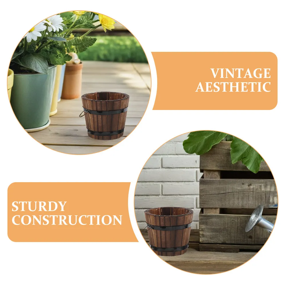 2Pcs Carbonized Wood Planters Small Whiskey Barrel Flower Pots Brown Rustic Wooden Barrel Containers for Indoor Outdoor
