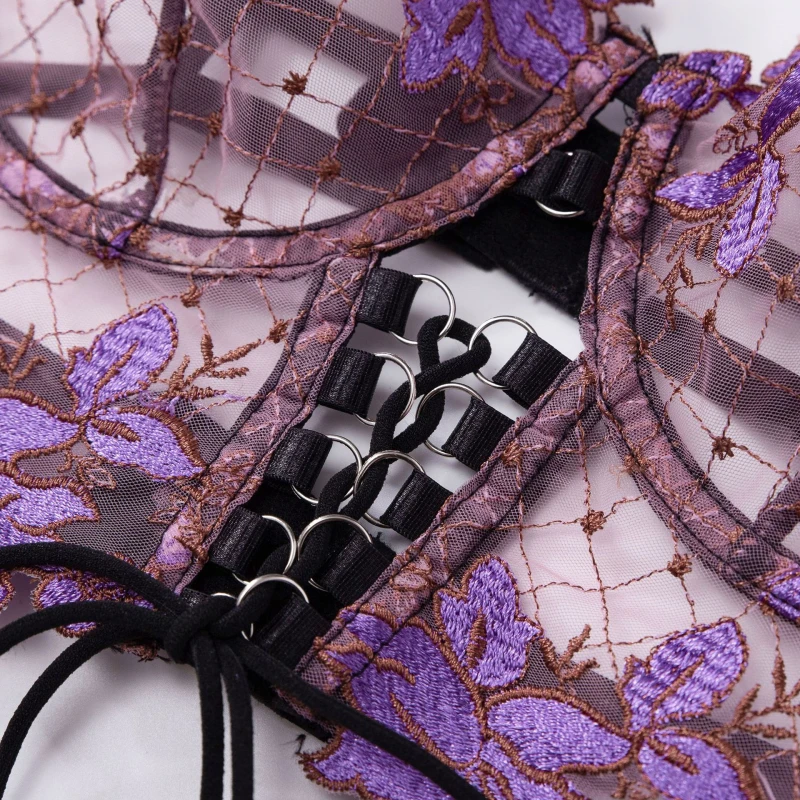 Bikini Thin Embroidered Bra Set Mesh Floral Lingerie Women's Garter Belt