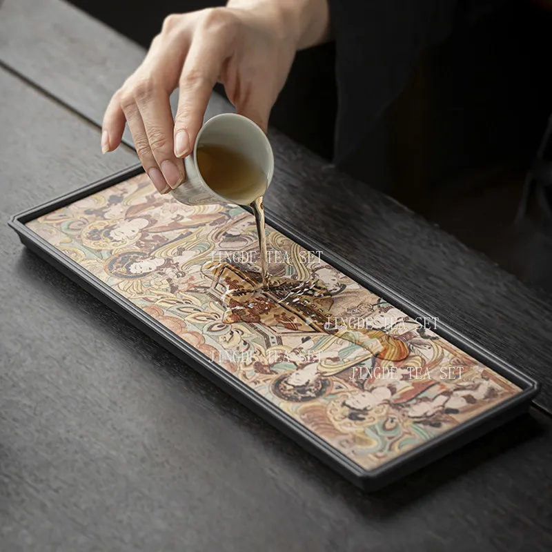 Dunhuang Flying Apsaras Stone Tea Tray Chinese Mural Art Pattern Water‑Absorbing Tea Plate Rectangular Desktop Tea Drain Tray