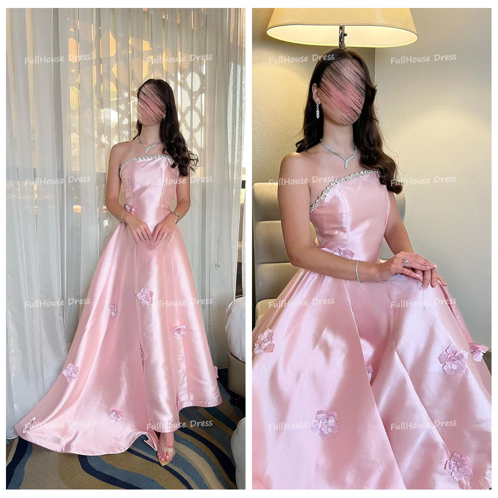 العرف رشيقة الوردي قارب طوق مطرز ثوب مسائي عارية الذراعين ماكسي طول 3D الزهور فستان الحفلة الراقصة مع قطار سهره