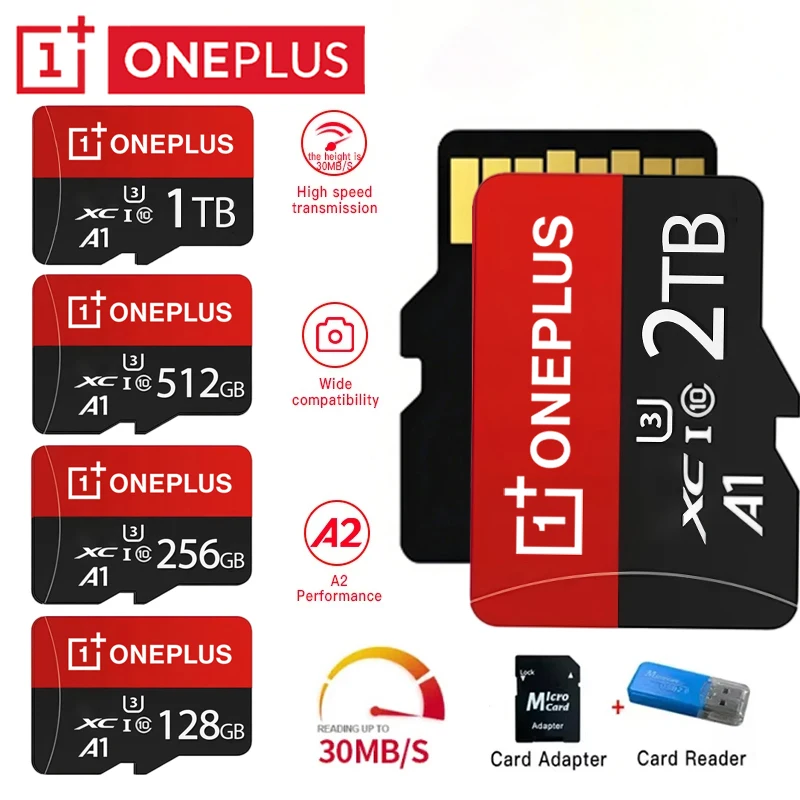 OnePlus 2TB Hochgeschwindigkeits-V30 A2 SD-Karte 512GB 256GB 128GB Speicherkarte 1TB Micro TF SD-Adapter für Smartphone/Tablet/PC Universell Einsetzbar