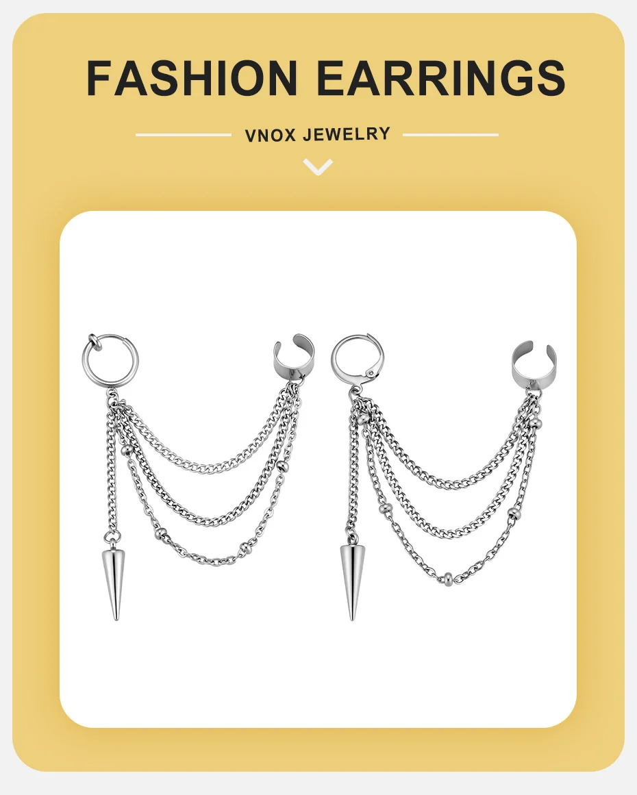 Vnox Edelstahl Mehrschichtige Ketten-Ohrklemme Creolen für Herren Punk Kegel-Spike Hängeohrringe Knorpel-Clip Schmuck Geschenk – Detail 1