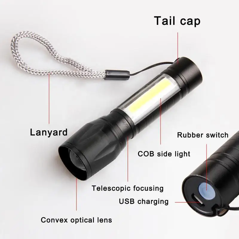 Mini Bright Zoom Flashlight with Side Light COB Strong Light Telescopic Zoom USB Charging Outdoor Camping Lights Emergency Lamp