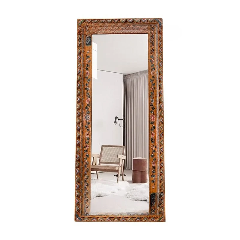 Medieval painted solid wood full-length mirror, full-length mirror, square fitting mirror, wall-mounted wabi-sandy wind floor-to