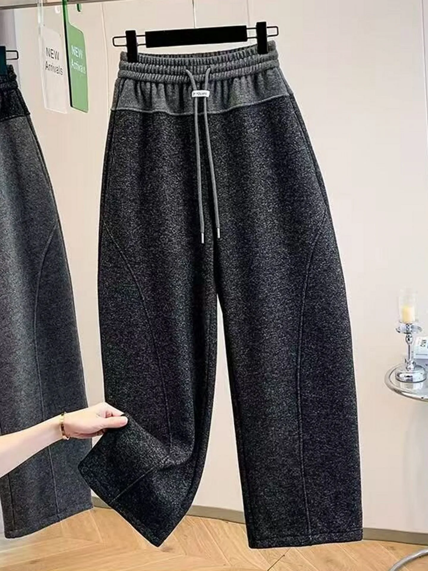 بنطلون نسائي واسع الساق بخصر مرتفع مبطن، سروال رياضي فضفاض غير رسمي للربيع والخريف والشتاء بتصميم مستقيم