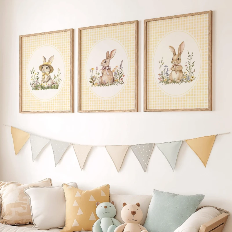 3 piezas de arte de pared con conejitos de dibujos animados de primavera y Pascua, en color amarillo mantequilla y cuadros vichy, decoración de guardería con conejos, pintura sobre lienzo estilo cottagecore para niñas.