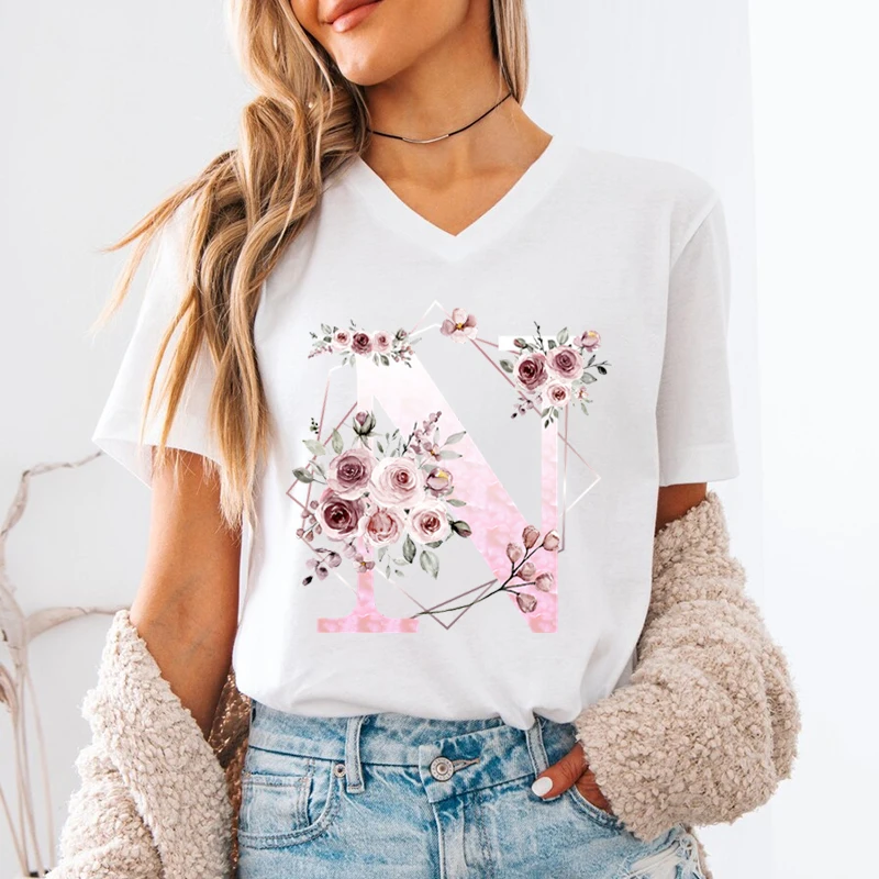 New Women T Shirt A-Z Name Letter Print Short Sleeve Tee Letters ABCD Casual Tops Tees Floral Initial Women's V-Neck T-Shirt