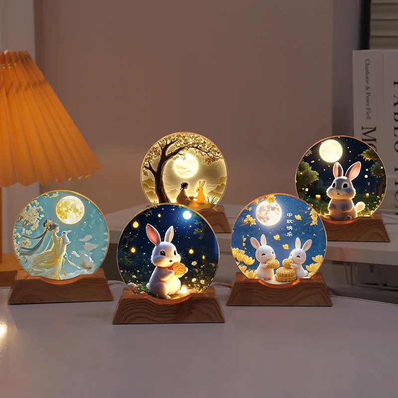 3D Moon Rabbit Night Light UV Printing Crystal LED Lamp Bedroom Decoration Desktop Ornament Gift